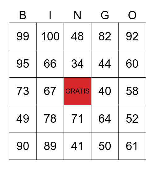 Numeros 20-100 Bingo Card
