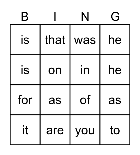 1-20 Fry's Sight Words Bingo Card