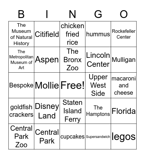 Places, people, and  things we like Bingo Card
