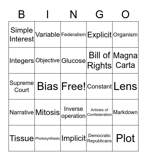 Halloween Middle School Review Bingo Card