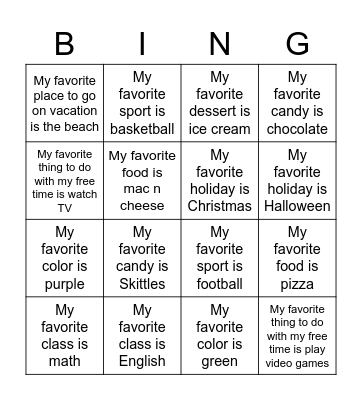 My Favorites Bingo Card
