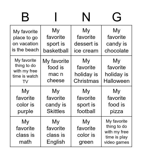 My Favorites Bingo Card