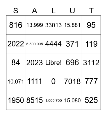 5B.1 les nombres Bingo Card
