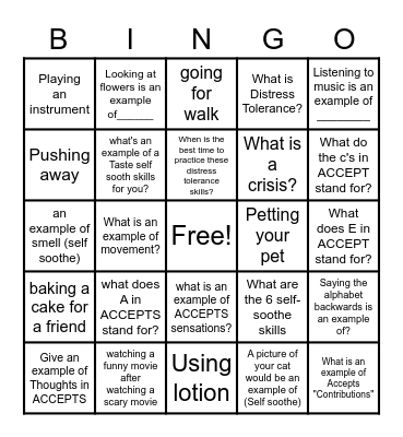 wise mind ACCEPTS & Self Soothe Skills Bingo Card