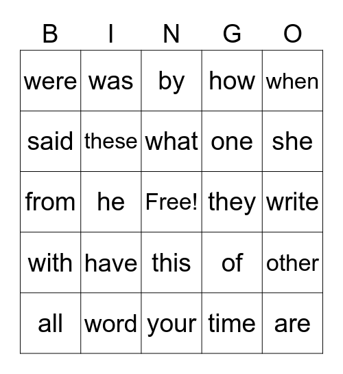 Most Common Words Bingo Card