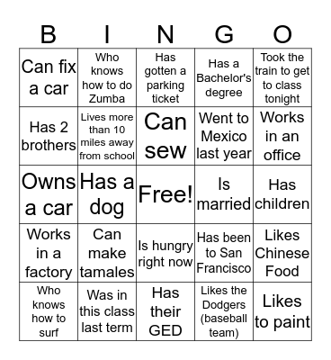 Getting to Know You BINGO Find someone Who.... Bingo Card