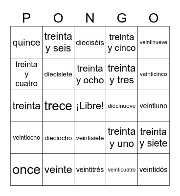 Los números (11-31) Bingo Card