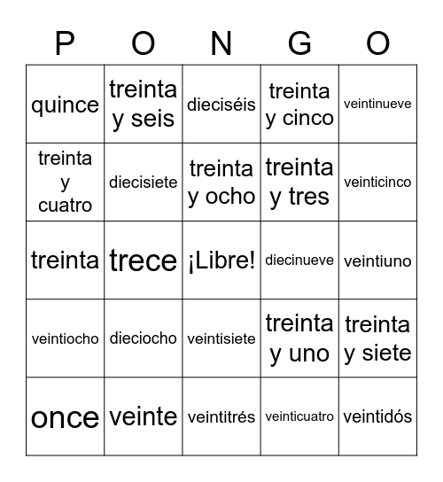 Los números (11-31) Bingo Card