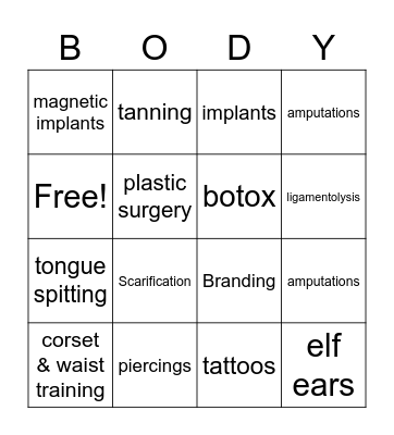 Body Modification Bingo Card