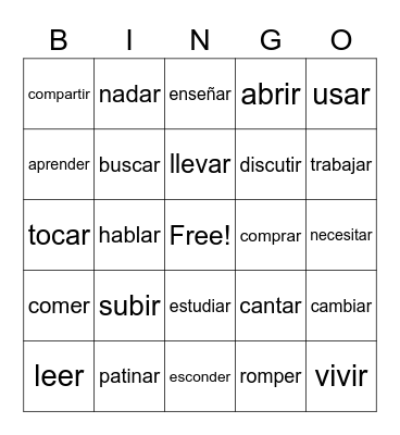 -ar, -er, -ir verbs Bingo Card