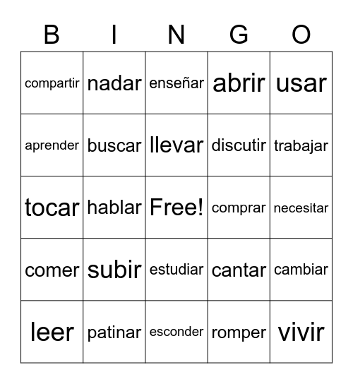 -ar, -er, -ir verbs Bingo Card