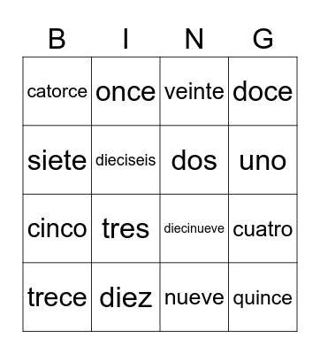 Numbers 1-20 Bingo Card