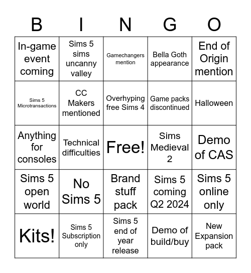 Sims Summit Bingo Card