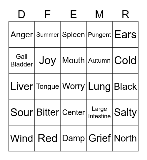 TCM Bingo - Five Element Chart Bingo Card