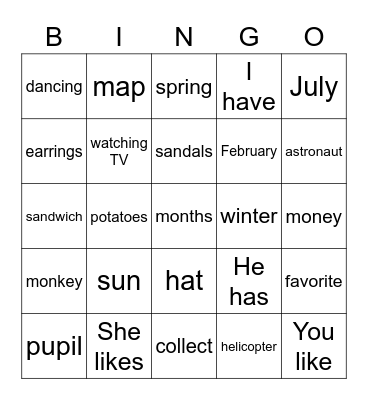New words Bingo Card