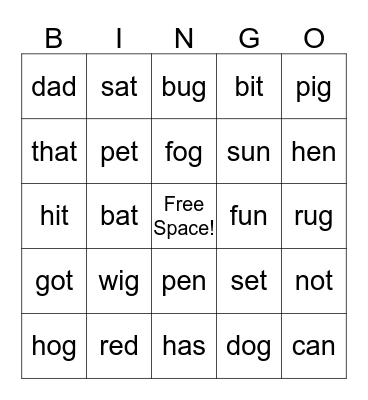 Short Vowel Bingo Card