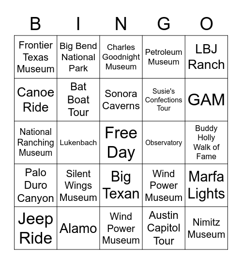 Gone To Texas Bingo Card