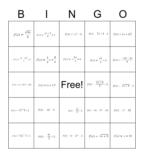 Inverse Functions Bingo Card