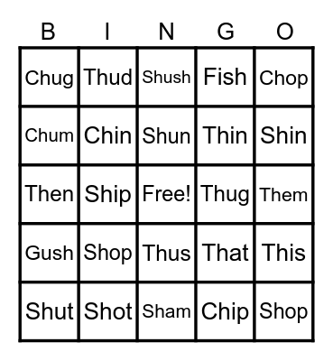 Bingo: Digraphs and short vowel sounds Bingo Card