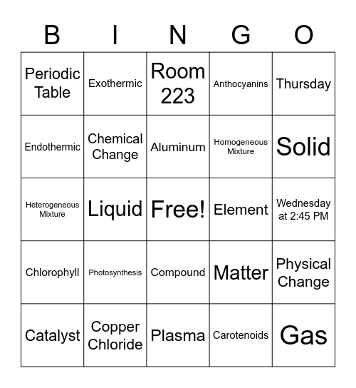 Chem Review Bingo A Bingo Card