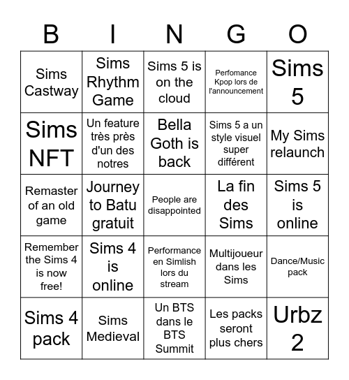 Sims Announcement Bingo Card