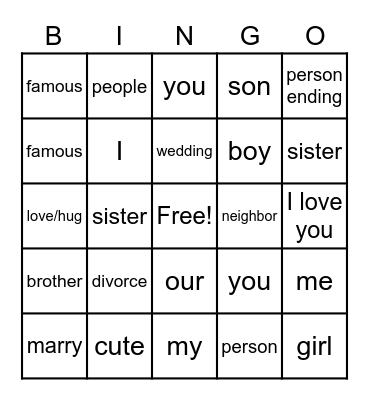 ASL Family, Friends, & People Bingo Card