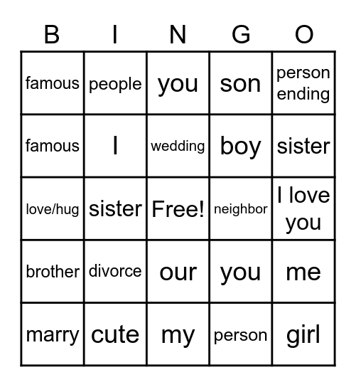 ASL Family, Friends, & People Bingo Card