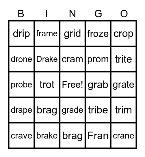 Initial R Blends BINGO Card