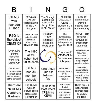 CEMS Bingo Card