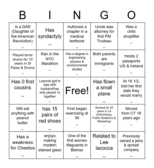 Fun Facts About Us Bingo Card