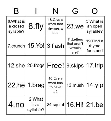 Open and Closed Syllables Bingo Card