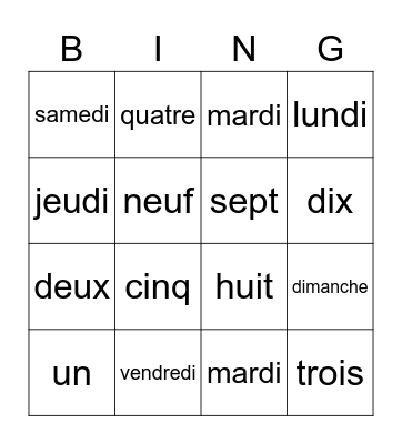 LES JOURS DE LA SEMAINE Bingo Card