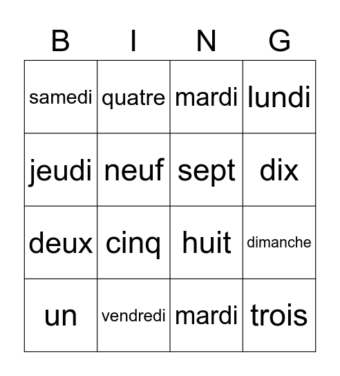 LES JOURS DE LA SEMAINE Bingo Card