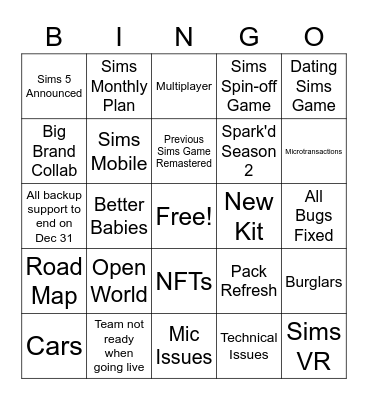 Sims Summit Bingo Card