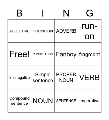 Grammar Vocabulary Bingo Card