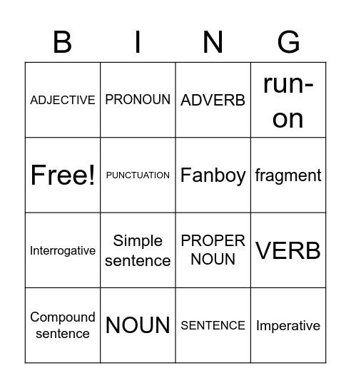 Grammar Vocabulary Bingo Card