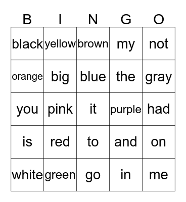 Sight Words Bingo Card
