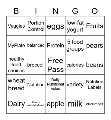 Nutrition Bingo Card