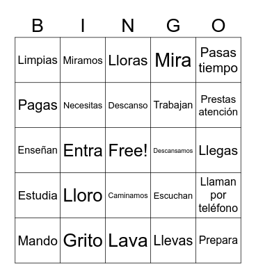 Los verbos AR Bingo Card