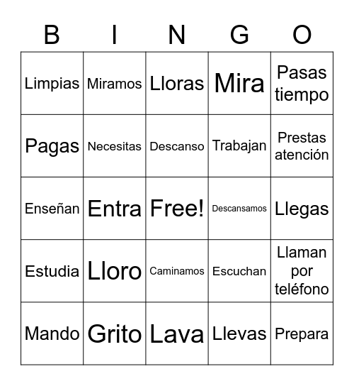 Los verbos AR Bingo Card