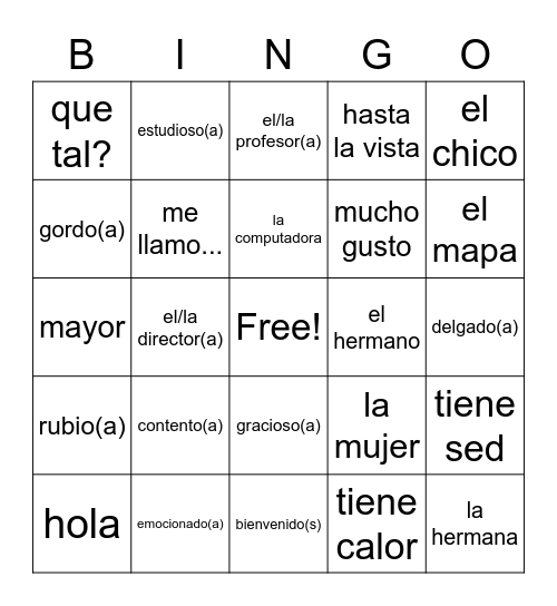 Spanish 2 Lesson 1 Bingo Card