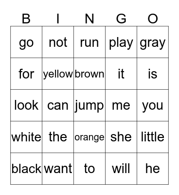 Sight Words Bingo Card