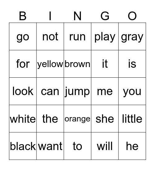 Sight Words Bingo Card