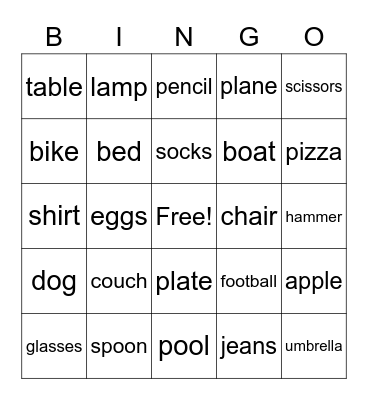 Objects Bingo Card