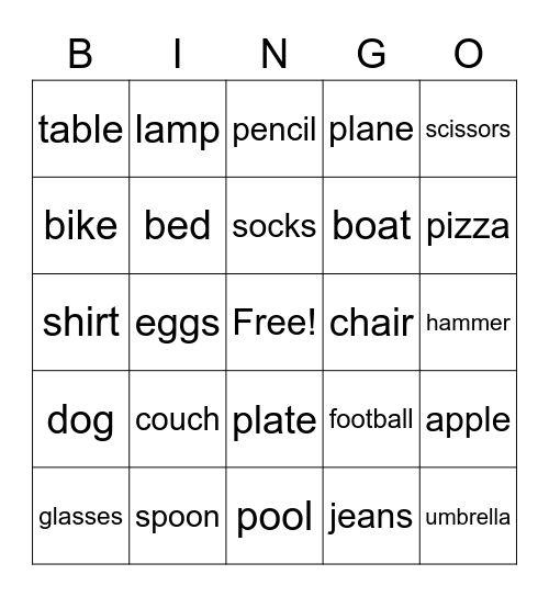 Objects Bingo Card