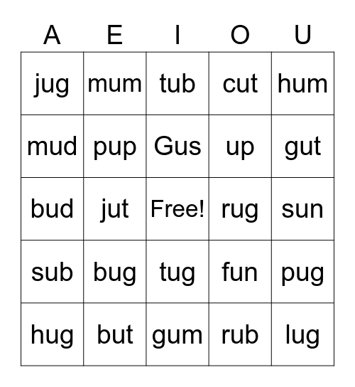 2.6 Short u Bingo Card