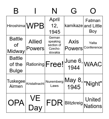 WWII Bingo Card
