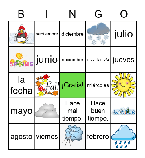 U0 - Meses, días de la semana, el tiempo Bingo Card