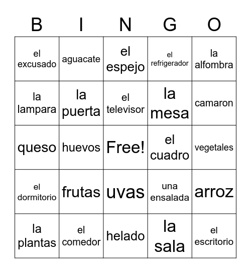 Spanish 2 Lesson 6 Bingo Card