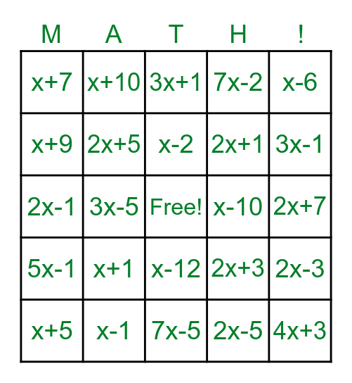 Factoring Bingo Card